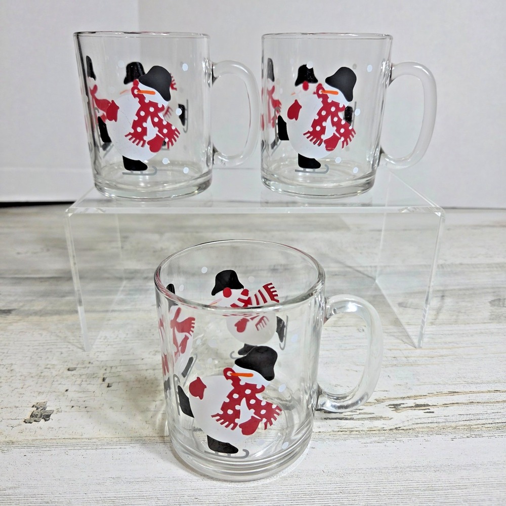 Vintage Luminarc Crate & Barrel Christmas Snowman Glass Mugs Set of 3 Cocoa Cups
